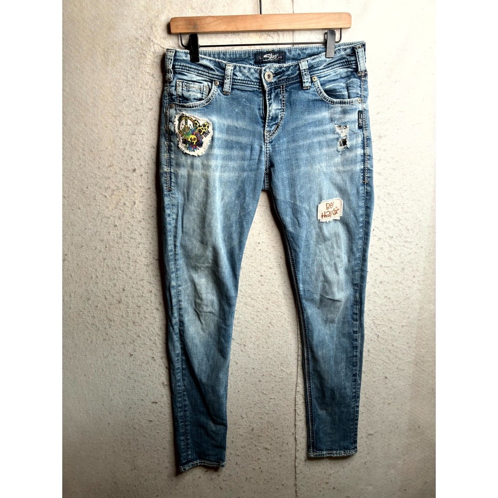 Silver Jeans Co. Girlfriend Womens 29x29 Blue Denim Patch Distressed Skinny Leg
